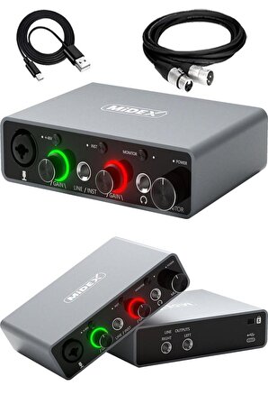 Midex GLX-700GR XLR Üst Segment Usb Stüdyo Ses Kartı 2 Giriş 2 Çıkış 24bit/192kHz