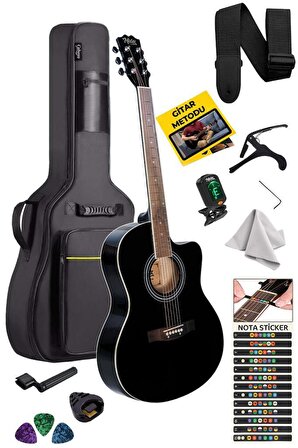 Midex XC-200BK Kesik Kasa Siyah Akustik Gitar 4/4 Yetişkin Üst Segment (Gigbag Çanta Tuner Capo Askı Pena)