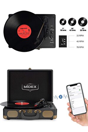 Midex Mtx101BK Nostaljik Retro Pikap Plak Çalar (Şarjlı Bluetooth Aux Hoparlörlü 3 Devir) İğne Dahil