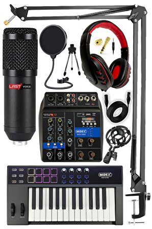 Stüdyo Ekipmanları Midi Live Paket-1 Ses Kartlı Mikser Midi Klavye BM800 Mikrofon Kulaklık