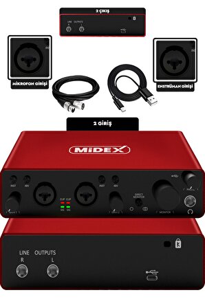 Midex GLX-800RD Üst Segment Usb Stüdyo Ses Kartı 2 Giriş 2 Çıkış 24bit/192kHz