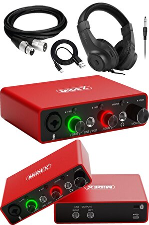 Midex GLX-700RD-H Üst Segment Usb Stüdyo Ses Kartı 2 Giriş 2 Çıkış 24bit/192kHz (Kulaklık ve kablo Dahil)