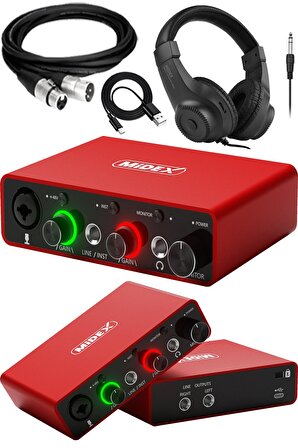 Midex GLX-700RD-H Üst Segment Usb Stüdyo Ses Kartı 2 Giriş 2 Çıkış 24bit/192kHz (Kulaklık ve kablo Dahil)