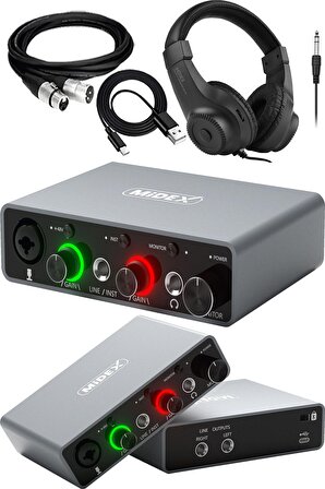 Midex GLX-700GR-H Üst Segment Usb Stüdyo Ses Kartı 2 Giriş 2 Çıkış 24bit/192kHz (Kulaklık ve kablo Dahil)