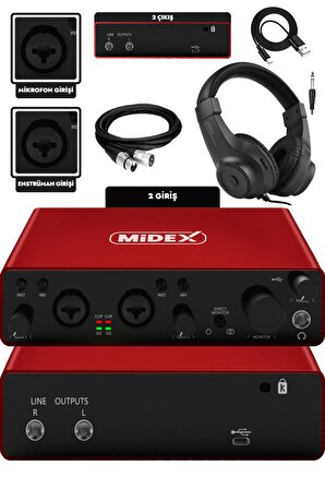 Midex GLX-800RD-H Üst Segment Usb Stüdyo Ses Kartı 2 Giriş 2 Çıkış 24bit/192kHz (Kulaklık kablo Dahil)