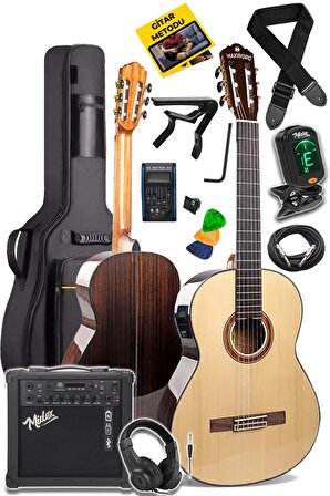 Maxword X50-EQ-AMP Profesyonel Masif Ağaç Amfili Elektro Klasik Gitar Seti Üst Segment