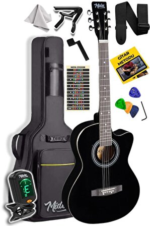 Midex XC-120 Siyah Kaliteli Akustik Gitar Gül Klavye Sap Ayarlı 4/4 Yetişkin Boy Full Set