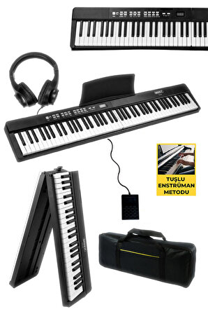 Midex PLX-80BKST Taşınabilir Katlanır Dijital Piyano Tuş Hassasiyetli 88 Tuş BT (Stand Sustain Kulaklık Çanta Metod)