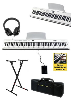 Midex PLX-80WHST Taşınabilir Katlanır Dijital Piyano Tuş Hassasiyetli 88 Tuş BT (Stand Sustain Kulaklık Çanta Metod)