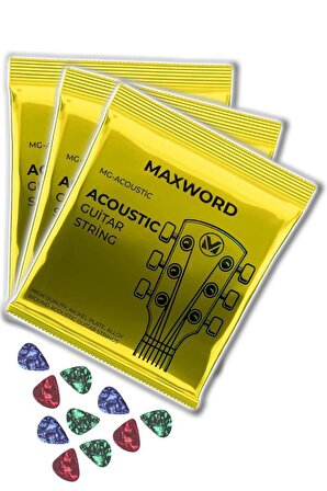 Maxword GT-Acoustic-3X Kaliteli Akustik Gitar Teli 3 Takım Set (10 Pena Hediye)