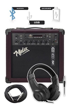 Midex MGA-25BN-HD Elektro Gitar Amfisi 25 Watt USB Bluetooth ve Şarjlı (Amfi Kulaklık ve Jack Kablo)