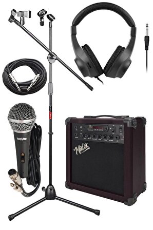 Midex MGA-25BN-PAK Elektro Gitar Amfisi 25 Watt USB Bluetooth ve Şarjlı (Amfi Mikrofon Stand Kulaklık Jack Kablo)