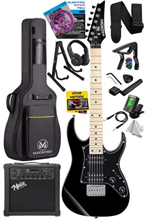 Maxword DE-150BK-25AMP Maple Klavye HH Yüksek Kaliteli 25W Amfili Elektro Gitar Seti