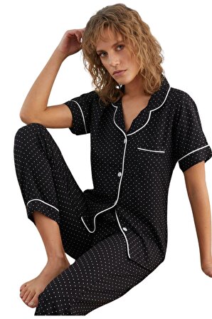 Seamlife Kadın Siyah Boydan Düğmeli Pijama Takımı 11232 