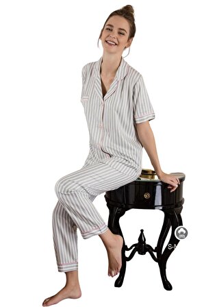 Seamlife Kadın Gri Kısa Kol Boydan Düğmeli Pijama Takımı 10108 