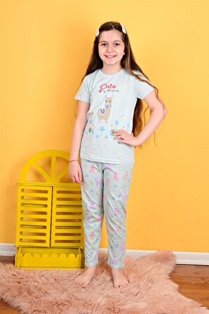 kız çocuk kısa kollu pijama takımı lama mint