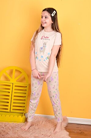 kız çocuk kısa kollu pijama takımı lama pembe