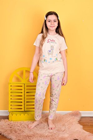 kız çocuk kısa kollu pijama takımı lama pembe