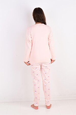 Kız Çocuk Uzun Kollu Fiyonklu Ayıcık Model Pijama Takımı