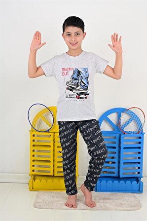 erkek çocuk kısa kollu pijama takımı so what skate model gri