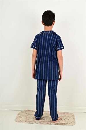 erkek çocuk kısa kollu düğmeli pijama takımı atlas model indigo