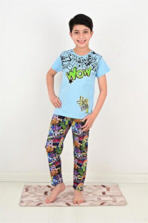 erkek çocuk kısa kollu pijama takımı wow model mavi