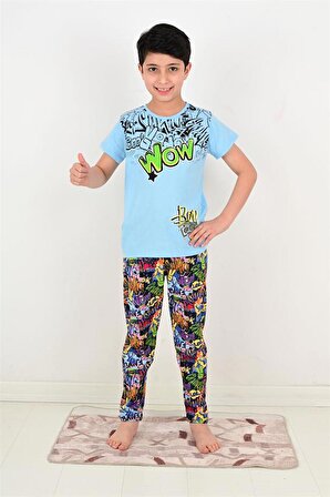 erkek çocuk kısa kollu pijama takımı wow model mavi