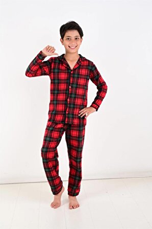 Kız / Erkek Çocuk Uzun Kollu Düğmeli Pamuklu Ekoseli Pijama Takımı