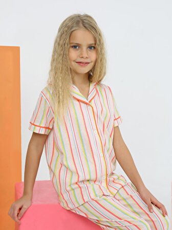 Kız Çocuk Kısa Kollu %100 Pamuklu Düğmeli Pijama Takımı Alice Somon
