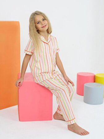 Kız Çocuk Kısa Kollu %100 Pamuklu Düğmeli Pijama Takımı Alice Somon