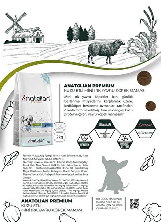 Anatolian Premium Mini Puppy Lamb Kuzulu Küçük Irk Yavru Köpek Maması 2 Kg