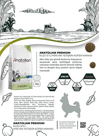 Anatolian Premium Mini Adult Lamb Kuzulu Yetişkin Küçük Irk Köpek Maması 2 Kg  