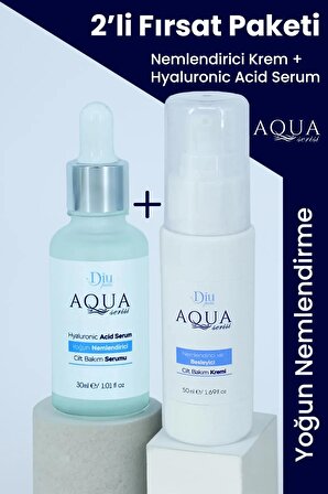 Aqua Yoğun Nemlendirici Serum Hyalüronik Asit Kolajen + Besleyici Onarıcı Cilt Bakım Kremi Seti 50ml