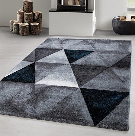 Halı modern tasarımlı Üçgen desenli salon halısı Siyah Gri mavi-CY_LUCCA1820BLUE