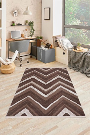 ZigZag Desenli Makinada Yıkanabilen Pamuk Tabanlı Yumuşacık Dijital Baskılı Kilim Kahve Krem