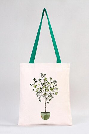 Zeytin Ağacı Baskılı Yeşil Kulplu Kanvas Bez Çanta - İç Cepli