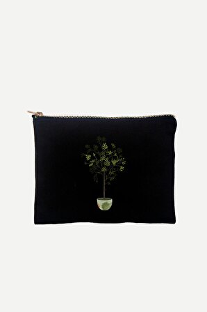 Zeytin Ağacı Desenli %100 Pamuk Siyah Clutch Çanta