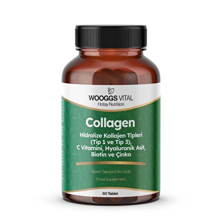 WOOGGS VİTAL COLLAGEN ,HİDRALİZE KOLAJEN TİP 1 VE 3,C VİTAMİNİ, HYALURONİK ASİT , BİOTİN VE ÇİNKO 60 TABLET