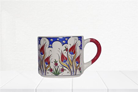 Geleneksel Lale Çizim El Yapımı Doğal Seramik Kupa - Çay / Kahve Fincanı