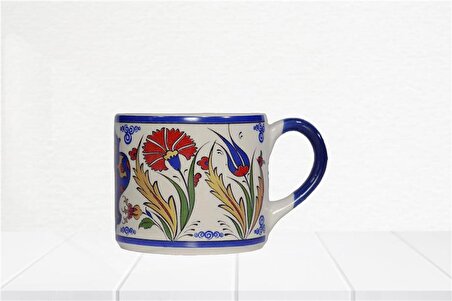 Geleneksel Lacivert Lale ve Menekşe Çizim El Yapımı Doğal Seramik Kupa - Çay / Kahve Fincanı