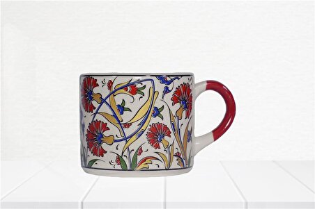 Geleneksel Kırmızı Menekşe Çizim El Yapımı Doğal Seramik Kupa - Çay / Kahve Fincanı