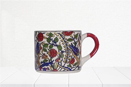 Geleneksel Yaldızlı Lale ve Menekşe Çizim El Yapımı Doğal Seramik Kupa - Çay / Kahve Fincanı