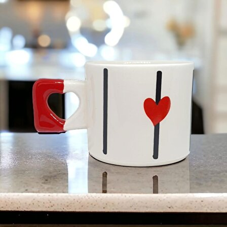 Zarif Kırmızı Kalp Desenli El Yapımı Doğal Seramik  Kalp Kupa / Mug - Çay & Kahve Fincanı