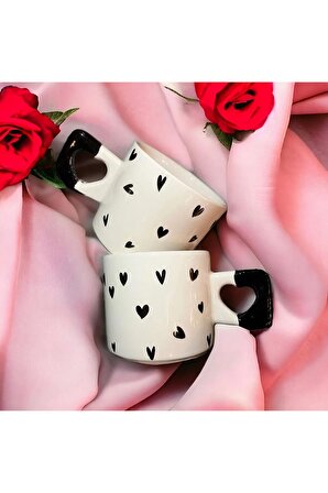 Minimalist 2'li Siyah Kalp Desenli El Yapımı Doğal Seramik Kalp Kupa / Mug - Çay & Kahve Fincanı