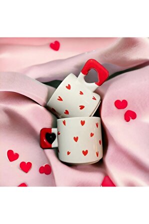 Minimalist 2'li Kırmızı Kalp Desenli El Yapımı Doğal Seramik Kalp Kupa / Mug - Çay & Kahve Fincanı