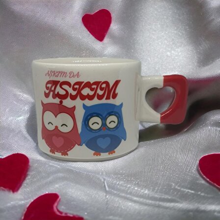 Kişiselleştirilebilir Aşkım da Aşkım Mutlu Baykuşlar Baskıl Kalp Kupa Bardak / Mug - Çay & Kahve Fincanı