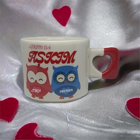 Kişiselleştirilebilir Aşkım da Aşkım Mutlu Baykuşlar Baskıl Kalp Kupa Bardak / Mug - Çay & Kahve Fincanı