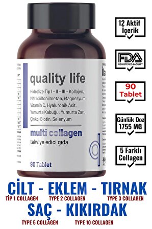Multi Collagen 90 Tablet - Tip 1-2-3-5-10 Kolajen MSM Magnezyum C Vitamini Yumurta Kabuğu Zarı Çinko