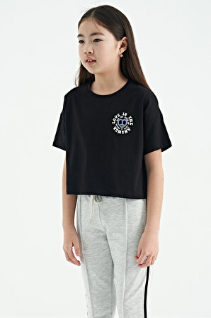 Siyah Ön Arka Baskılı O Yaka Düşük Omuz Oversize Kısa Kollu Kız Çocuk T-Shirt - 75126 | 13-14 Yaş