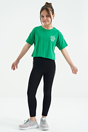 Yeşil Ön Arka Baskılı O Yaka Düşük Omuz Oversize Kısa Kollu Kız Çocuk T-Shirt - 75126 | 12-13 Yaş